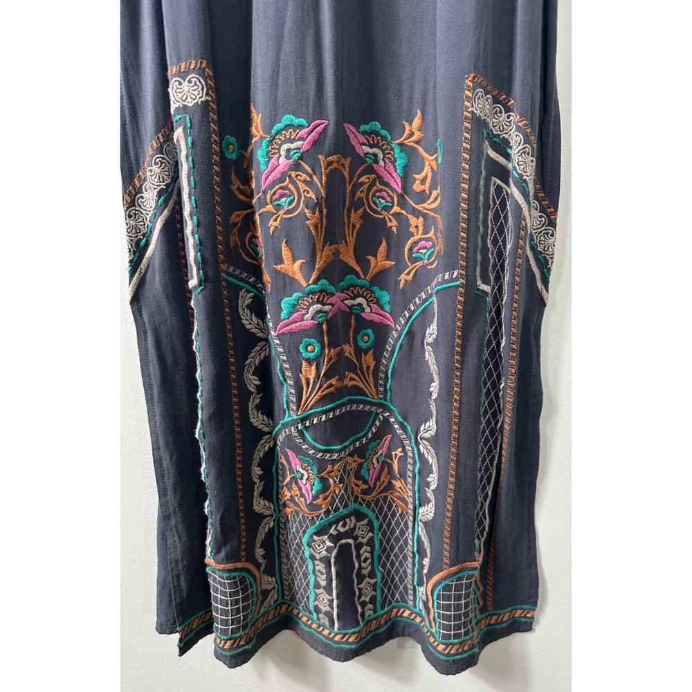 Grey Embroidered Maxi Dress M Smocked Waist Peachpuff Double Leg Slits Boho D55 - Picture 2 of 8